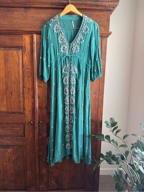 Free People Embroidered Fable Midi Dress in Evergreen Combo